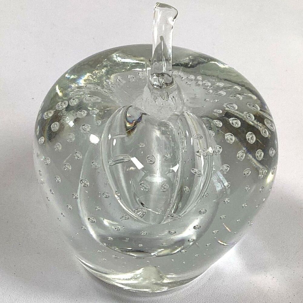 Vintage Crystal Art Glass Apple Paperweight Controlled Bubble 3.5"